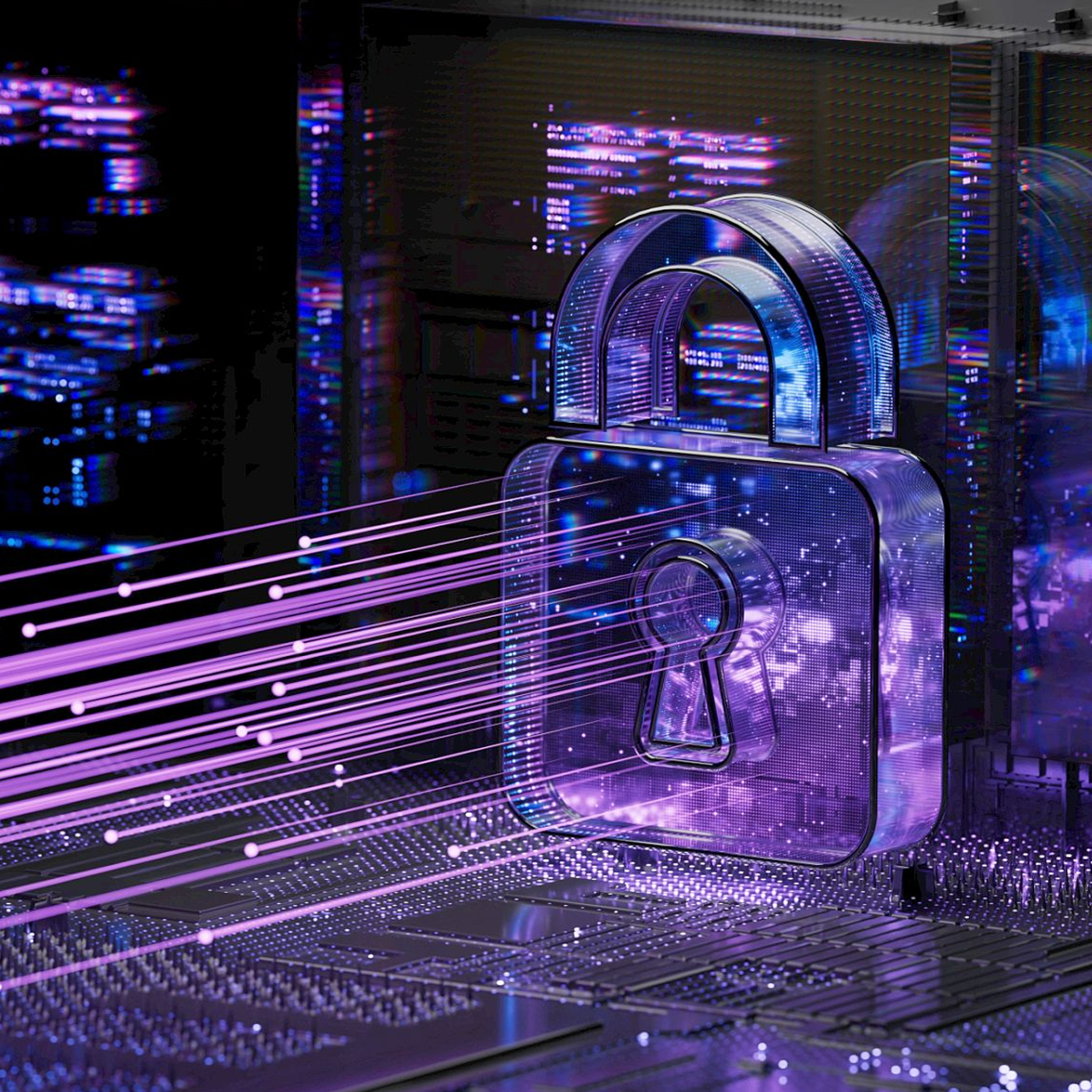 Digital padlock with purple cyber background
