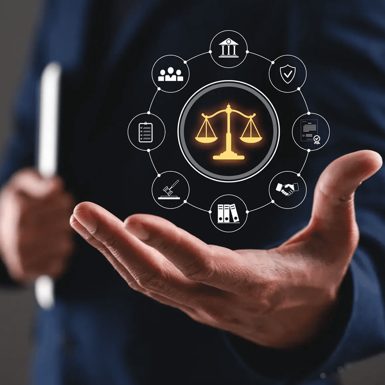 Hand holding digital justice scales icon