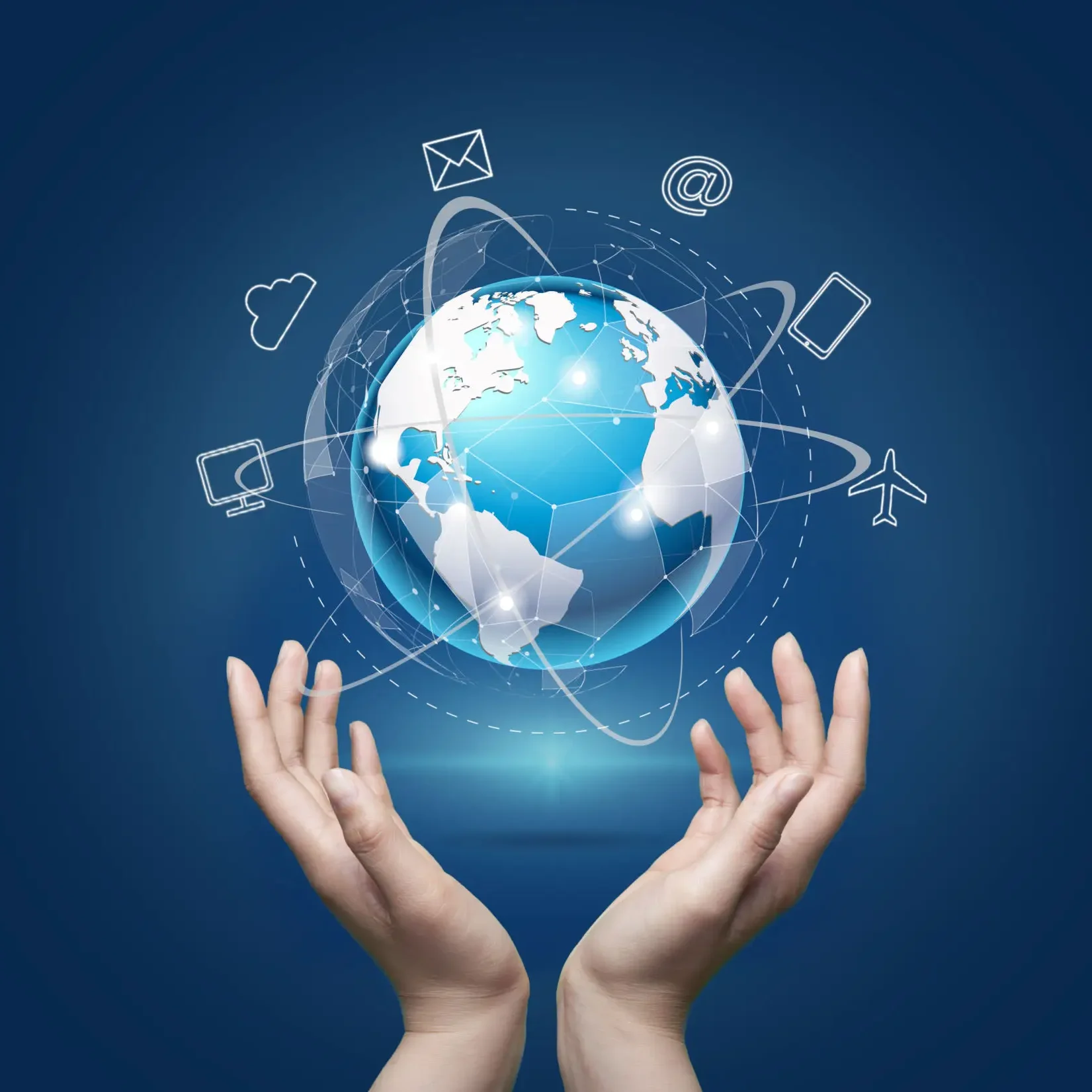 Hands holding digital globe with icons