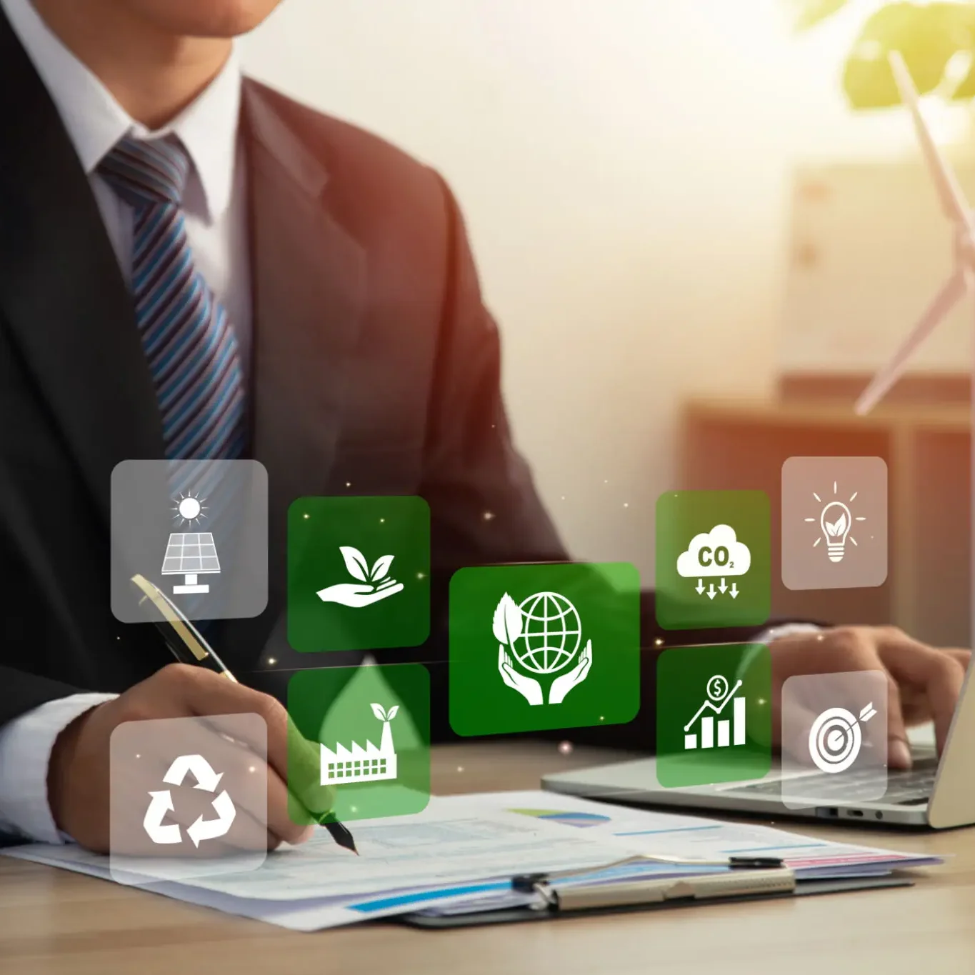 Man working on eco-friendly business strategy